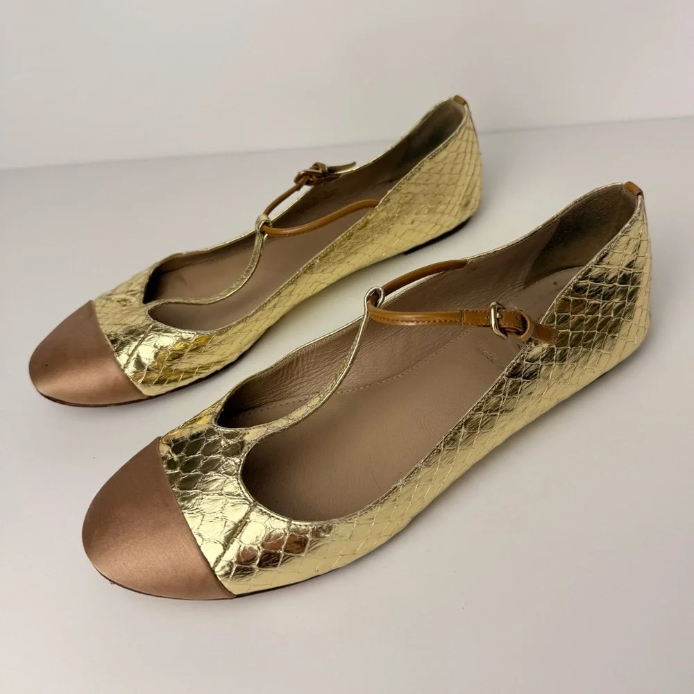 J.Crew Metallic Gold Snakeskin‎ Leather Flats Tan Cap Toe T Strap Sz 7